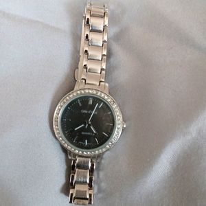 Cote D’ Azur Quartz Rhinestone studded silver Watch black dial timepiece